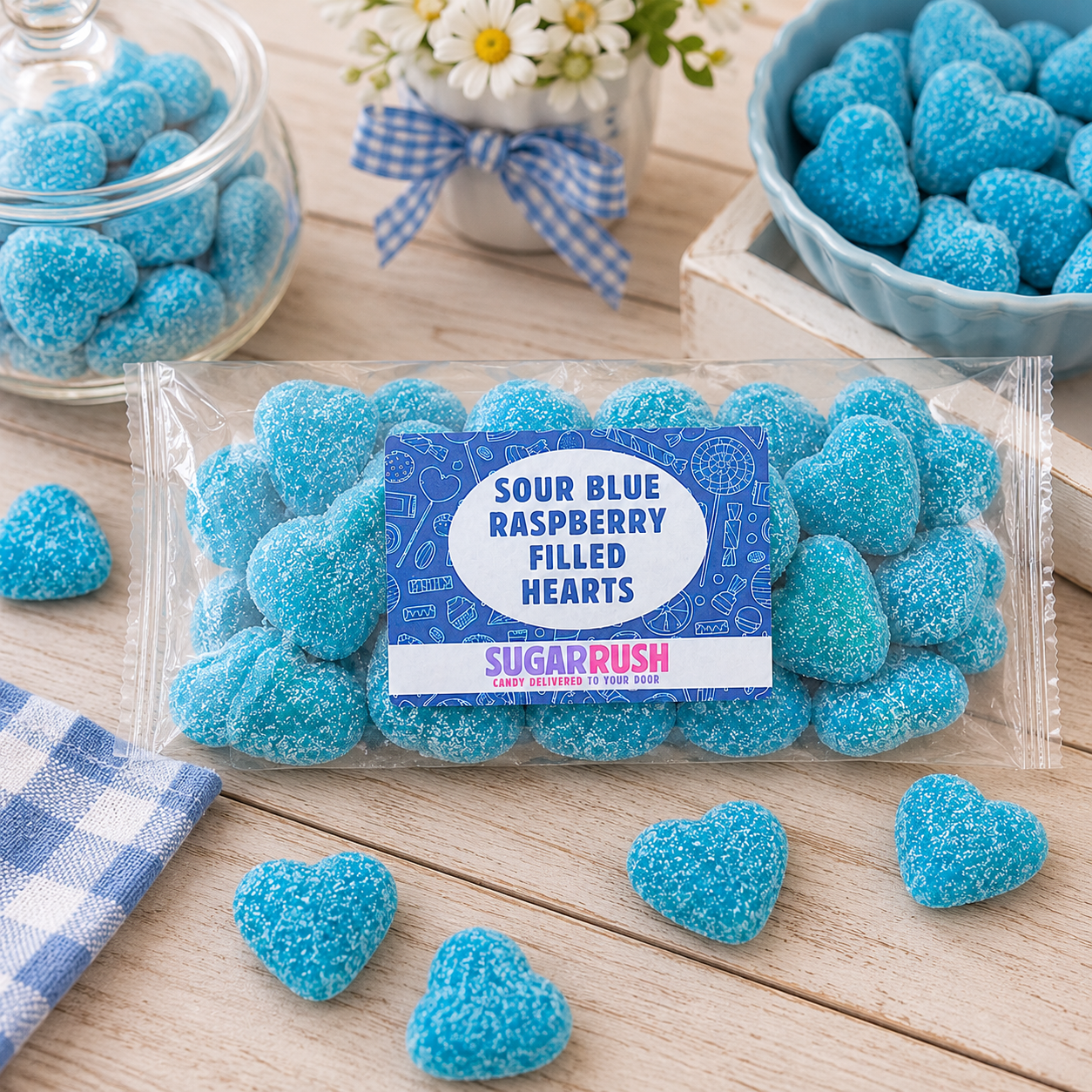 Premium Sour Blue Raspberry Filled Hearts Candy Bag