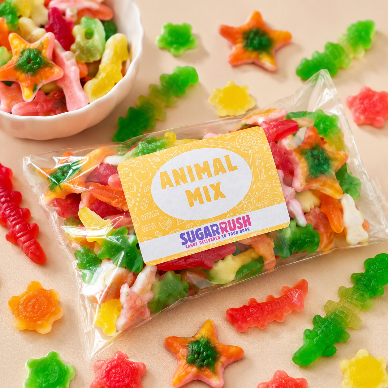 Packaged 'Animal Mix' gummy candies from Sugar Rush with scattered gummies on a light background.