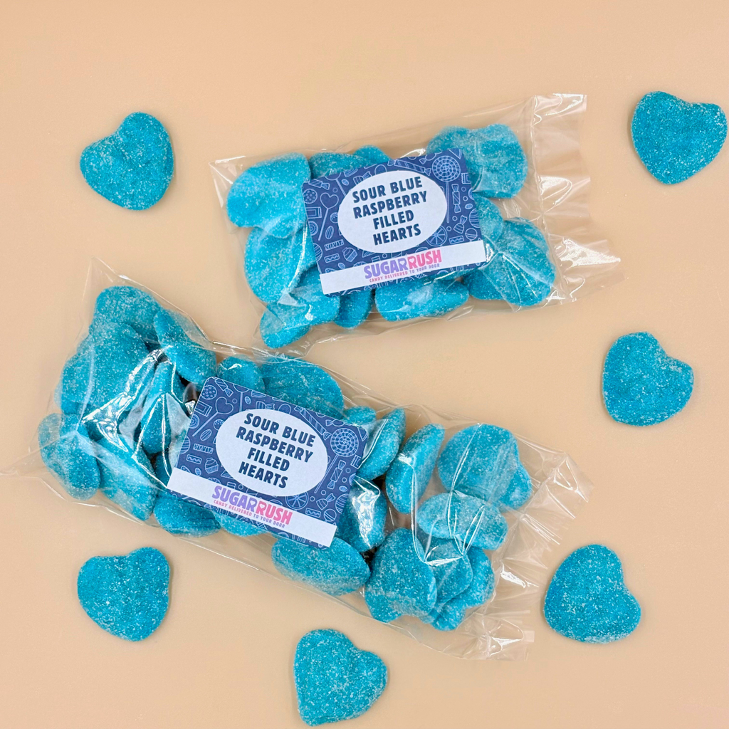 Premium Sour Blue Raspberry Filled Hearts 100g