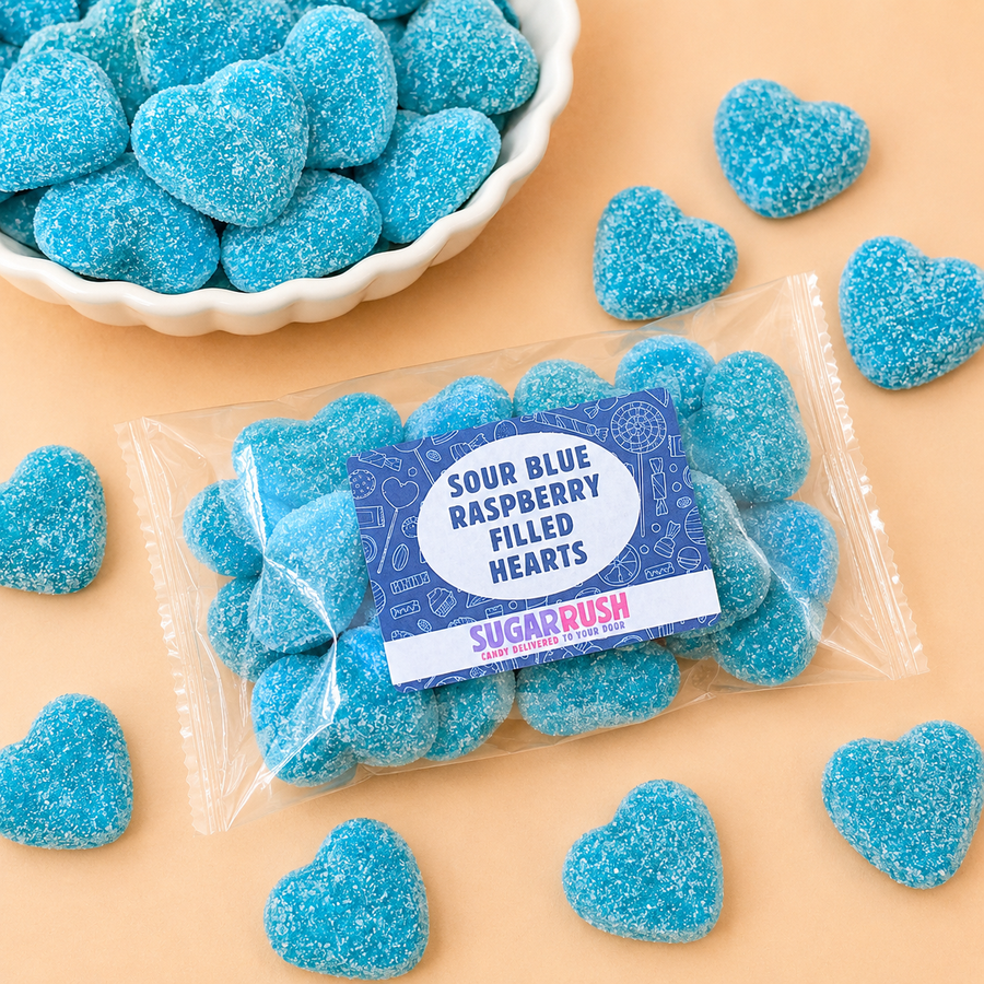 Premium Sour Blue Raspberry Filled Hearts Candy Bag