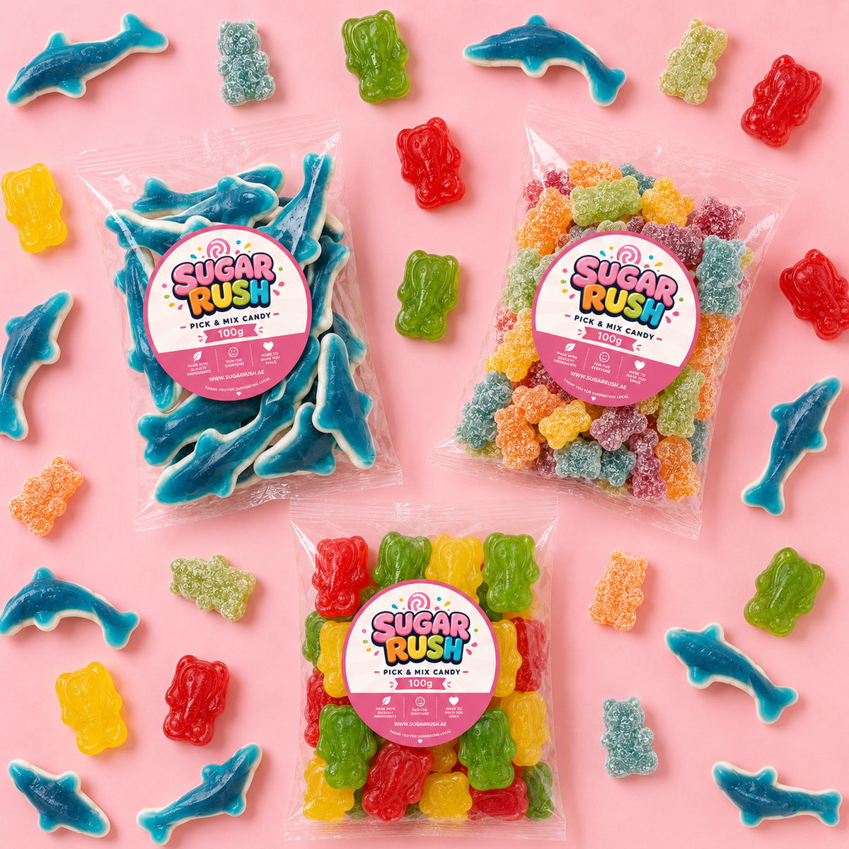 Overhead view showing everything included in Animal Gummies Pick & Mix 3-Pack – 300g