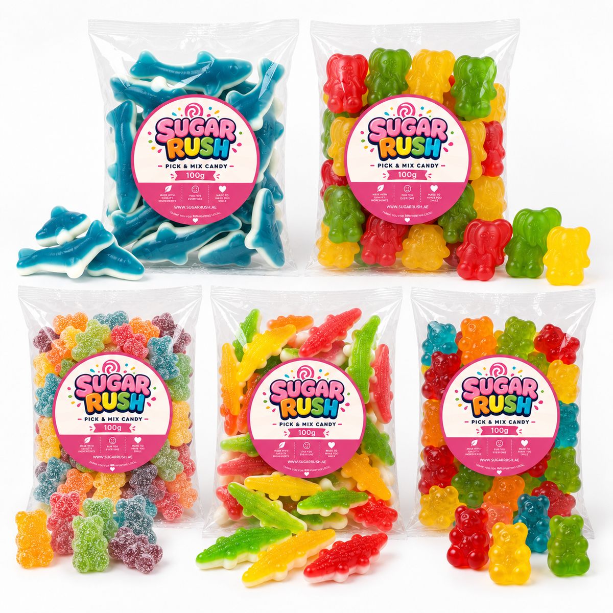 Close-up of the fixed sweets and treats included in Animal Gummies Pick & Mix 5-Pack – 500g
