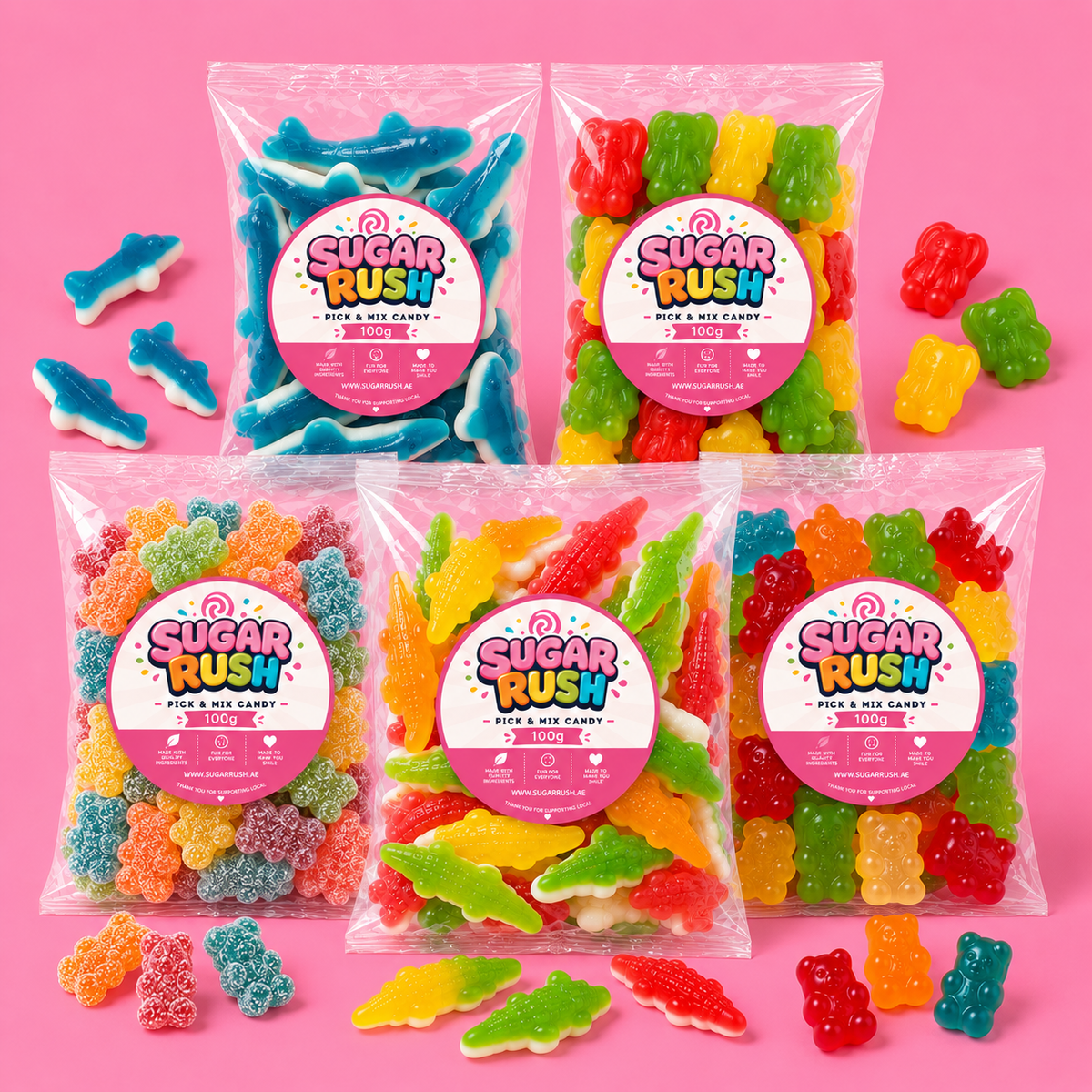 Animal Gummies Pick & Mix 5-Pack – 500g arranged on a pale pink Sugar Rush background
