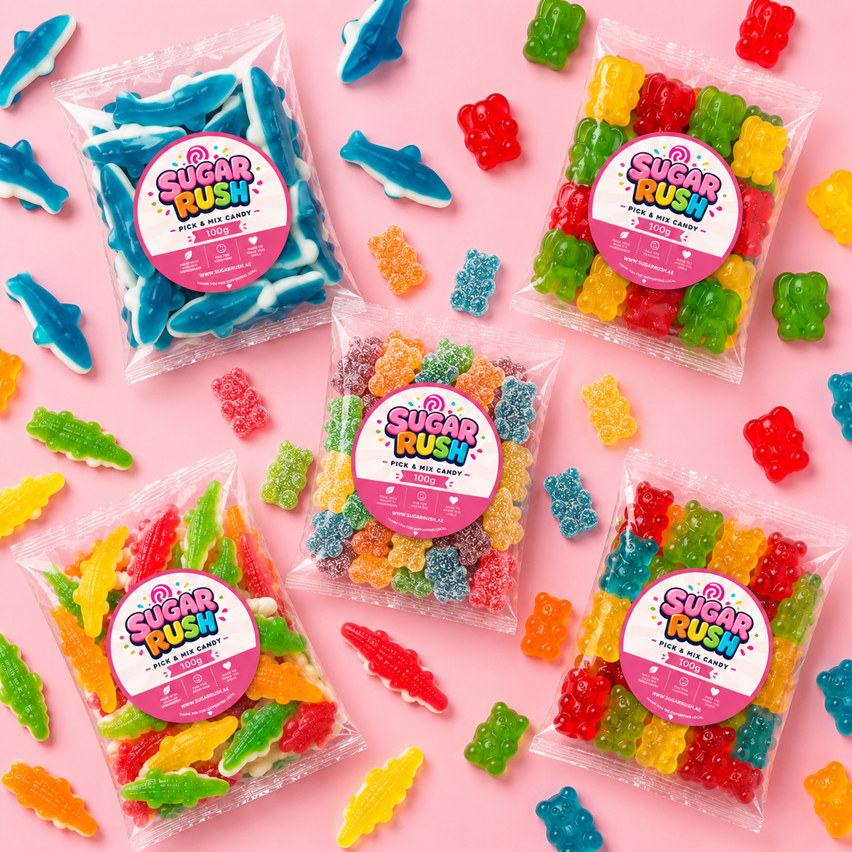 Overhead view showing everything included in Animal Gummies Pick & Mix 5-Pack – 500g