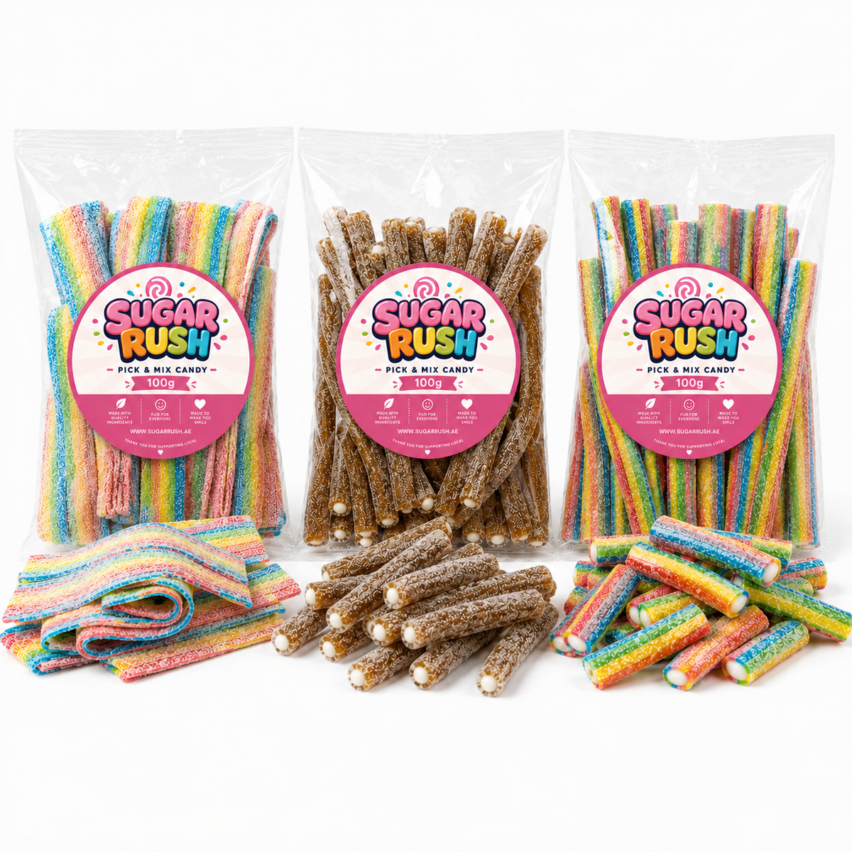 Close-up of the fixed sweets and treats included in Belts & Pencils Pick & Mix 3-Pack – 300g