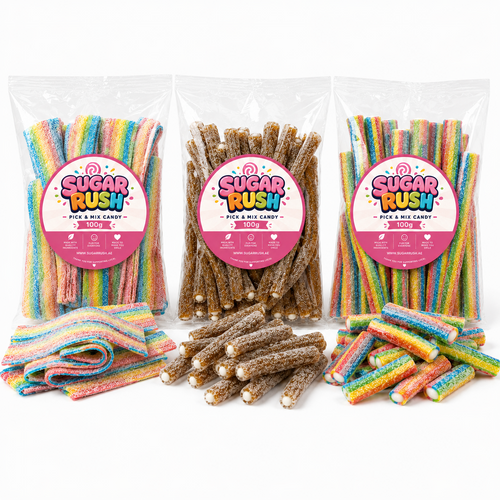 Close-up of the fixed sweets and treats included in Belts & Pencils Pick & Mix 3-Pack – 300g