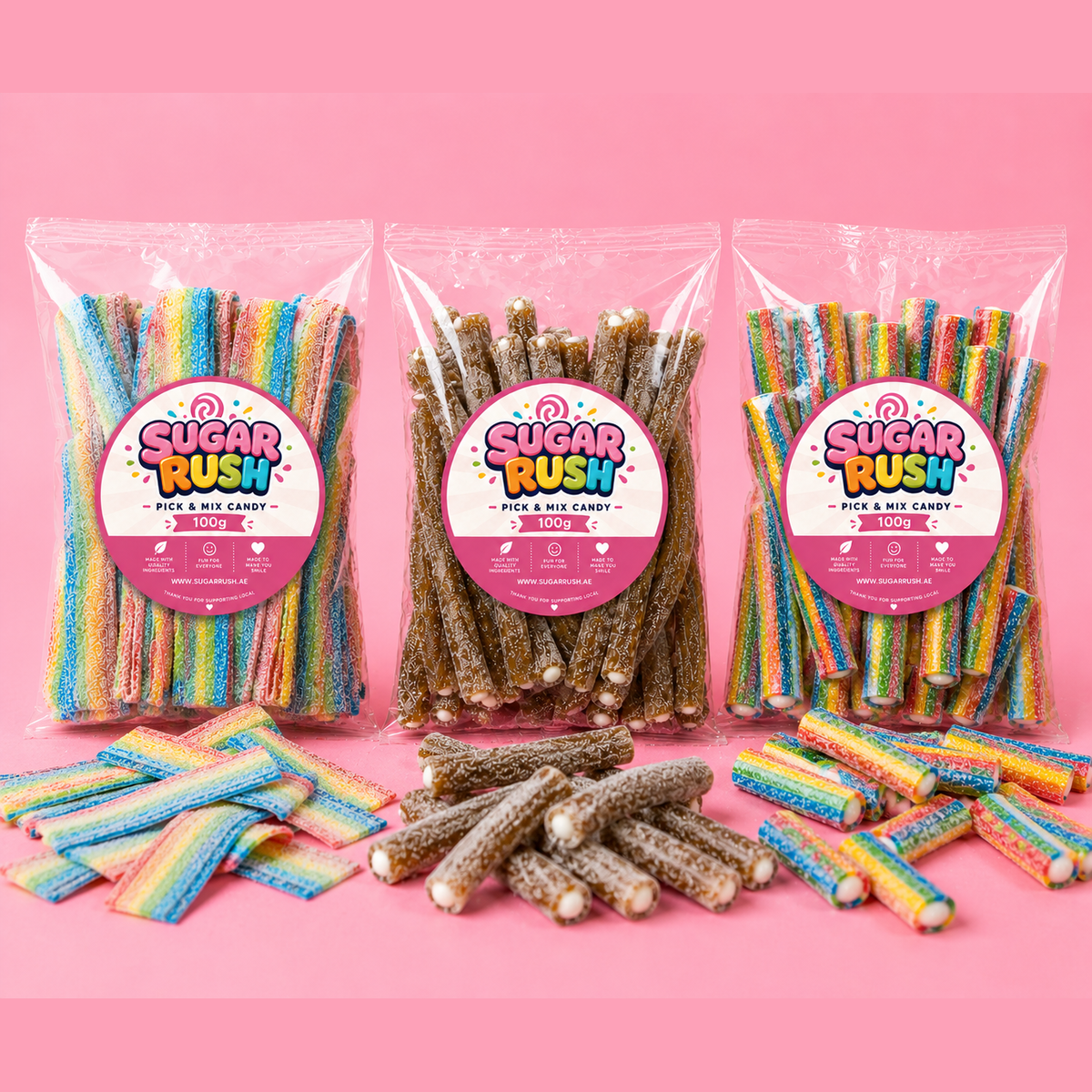 Belts & Pencils Pick & Mix 3-Pack – 300g arranged on a pale pink Sugar Rush background