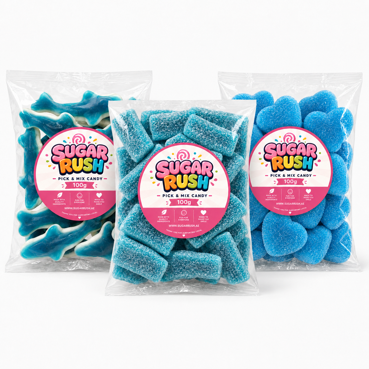 Blue Pick & Mix 3-Pack – 300g by Sugar Rush with its fixed bundle contents on a white background