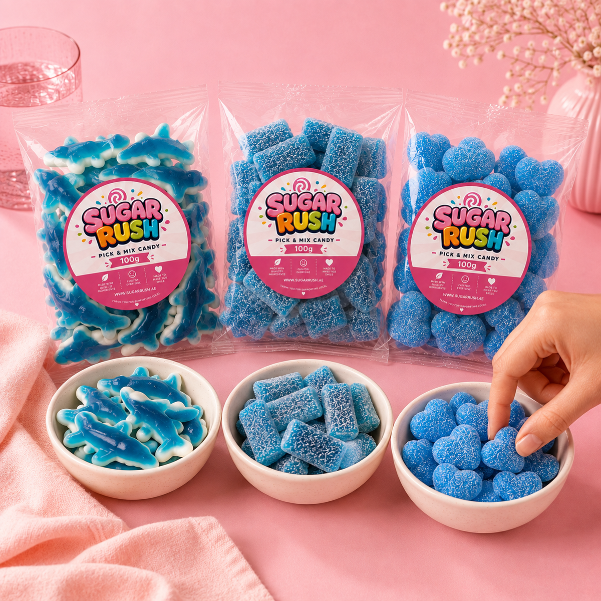 Blue Pick & Mix 3-Pack – 300g styled for a Sugar Rush sharing moment
