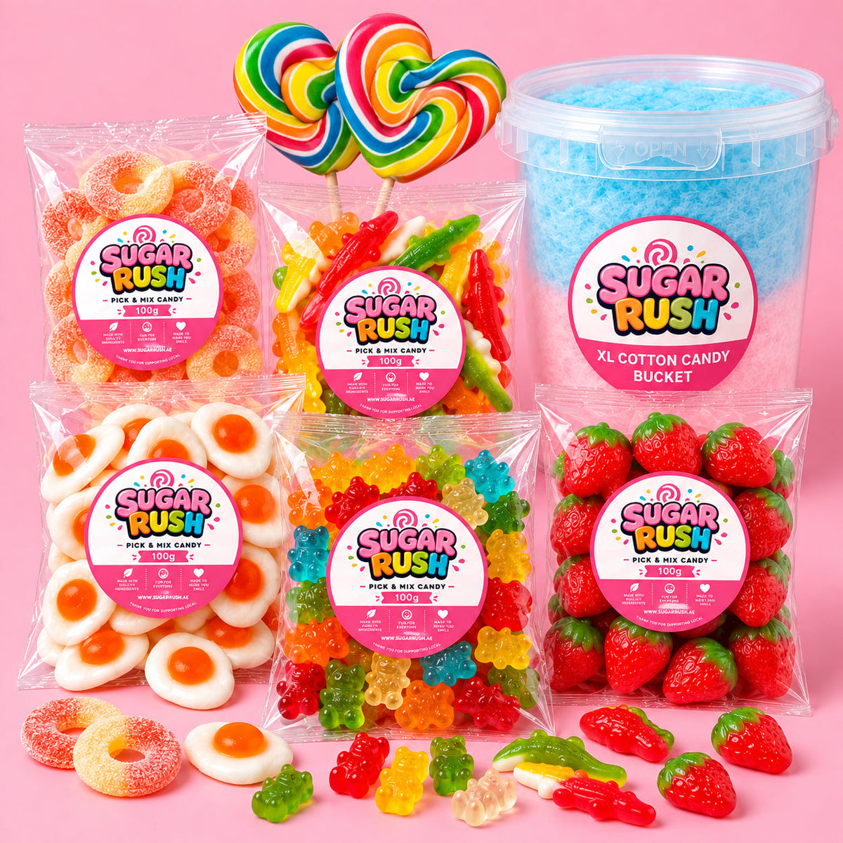 Family Sugar Rush Bundle arranged on a pale pink Sugar Rush background