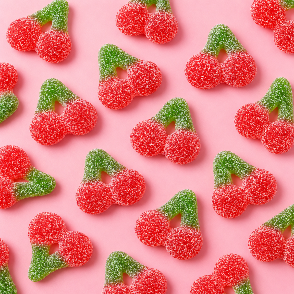 Overhead arrangement of Fizzy Cherries sweets