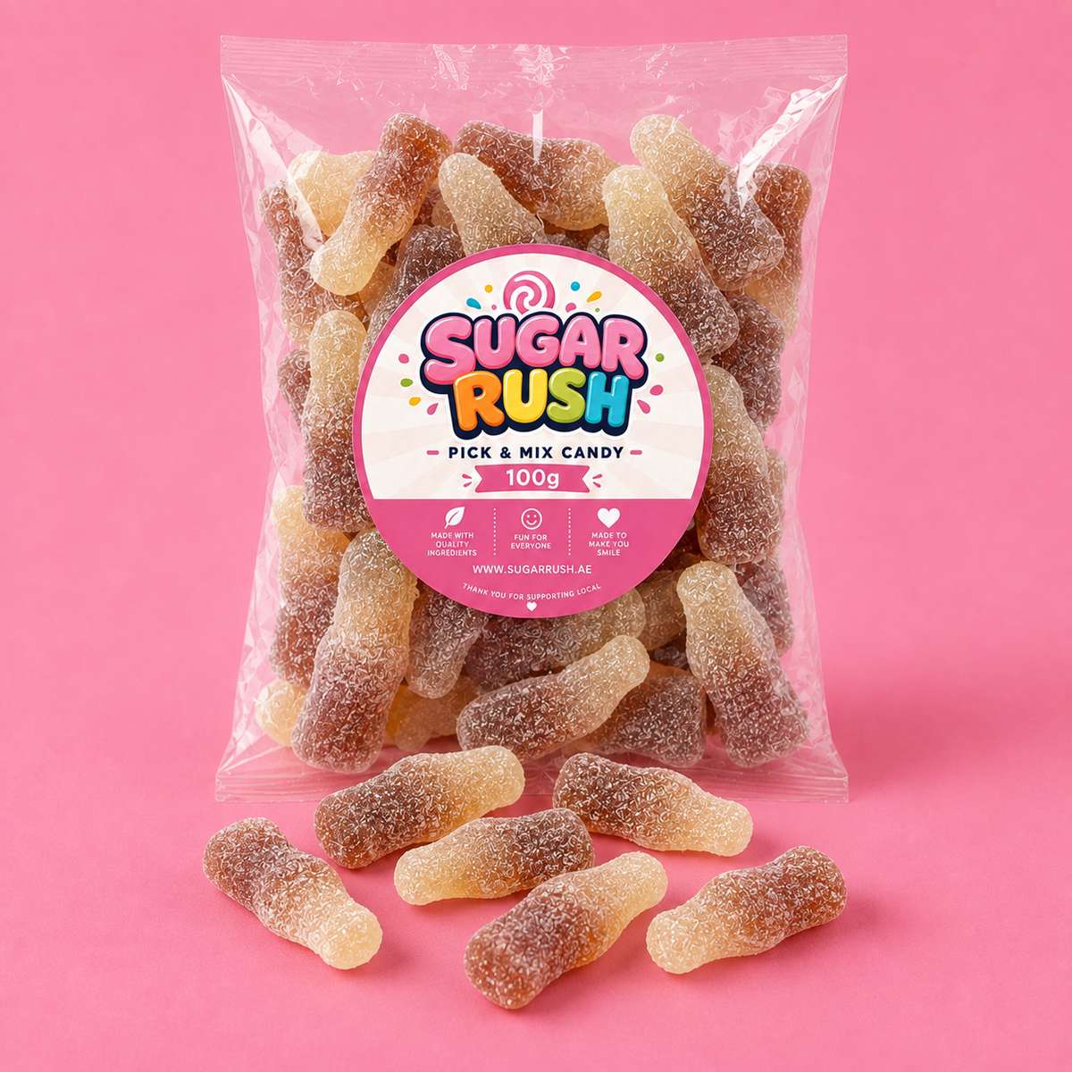 Fizzy Cola Bottles Sugar Rush bag with sweets on pink background