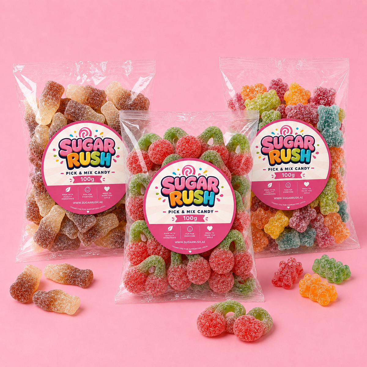 Fizzy Pick & Mix 3-Pack – 300g arranged on a pale pink Sugar Rush background