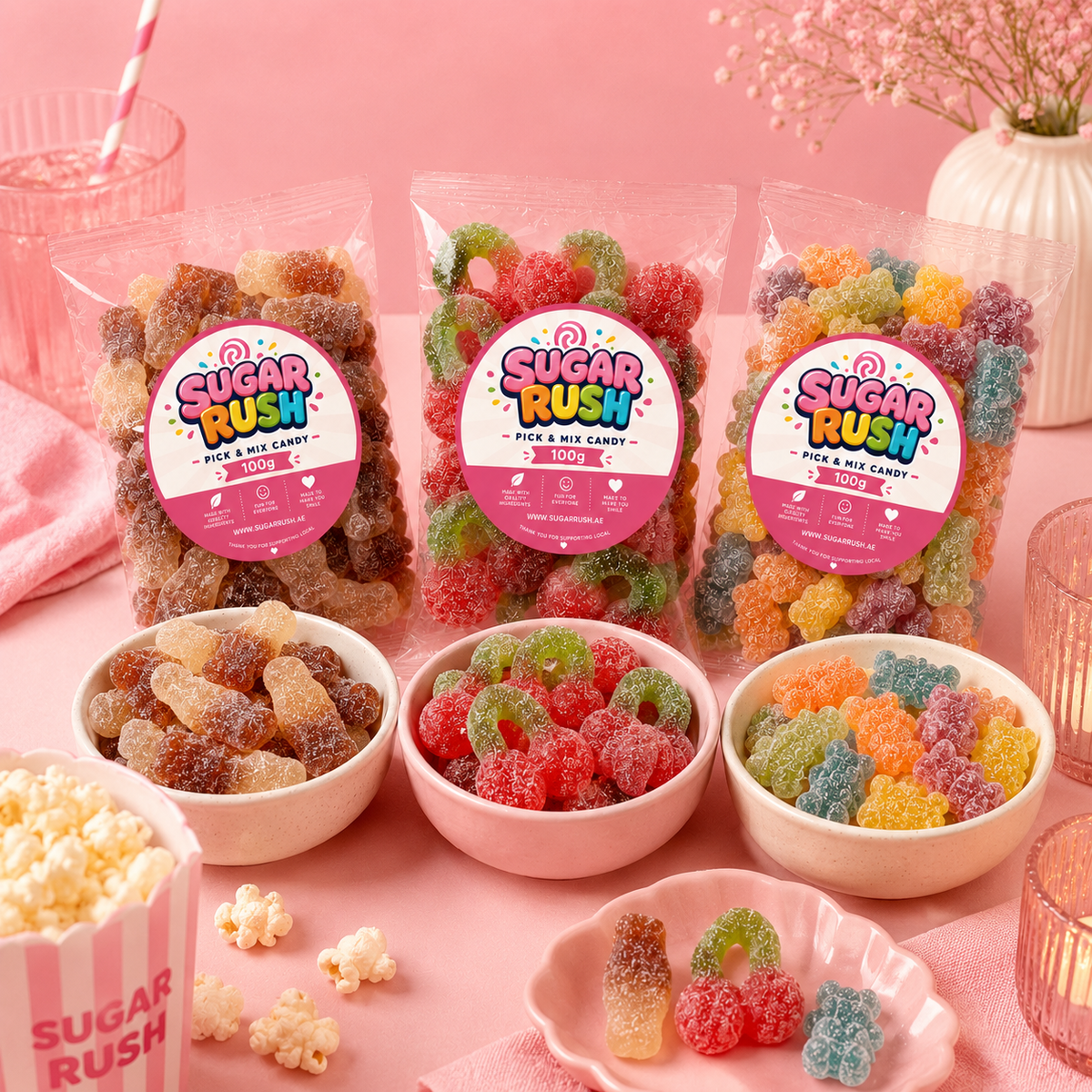 Fizzy Pick & Mix 3-Pack – 300g styled for a Sugar Rush sharing moment