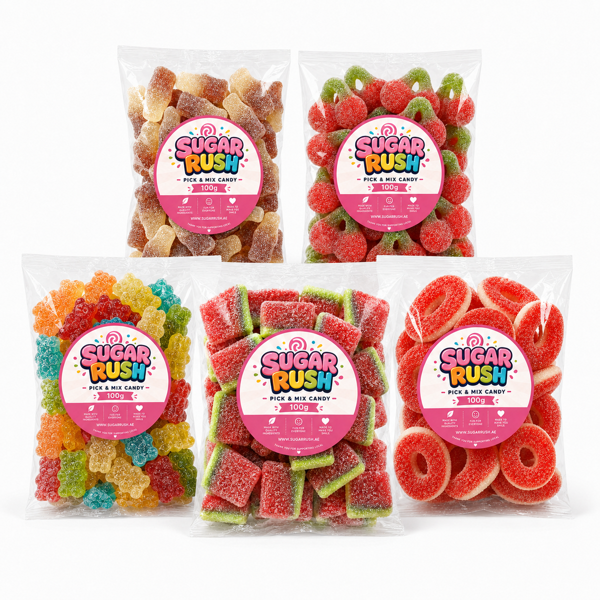 Fizzy Pick & Mix 5-Pack – 500g by Sugar Rush with its fixed bundle contents on a white background