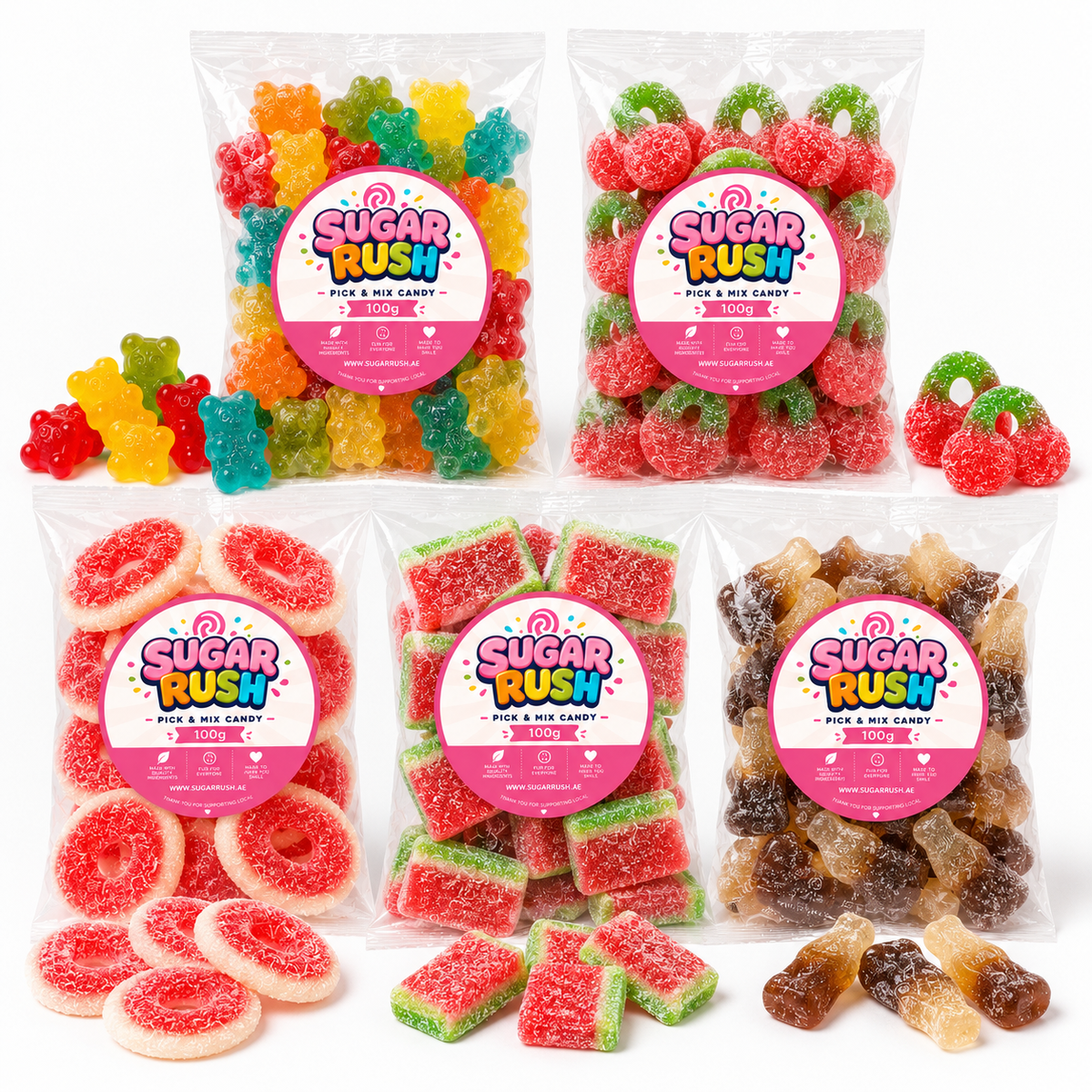 Close-up of the fixed sweets and treats included in Fizzy Pick & Mix 5-Pack – 500g