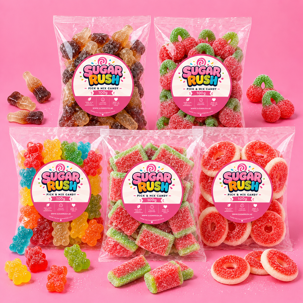 Fizzy Pick & Mix 5-Pack – 500g arranged on a pale pink Sugar Rush background