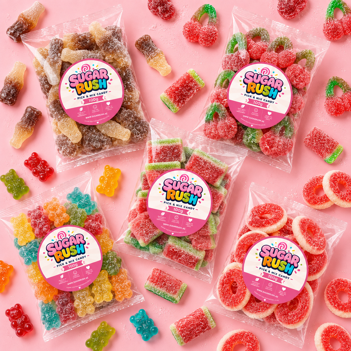 Overhead view showing everything included in Fizzy Pick & Mix 5-Pack – 500g