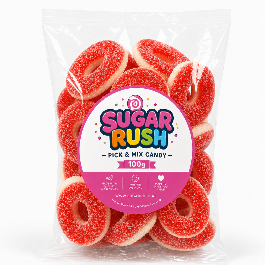 No. 10 Fizzy Strawberry Rings – 100g Sugar Rush 100g bag