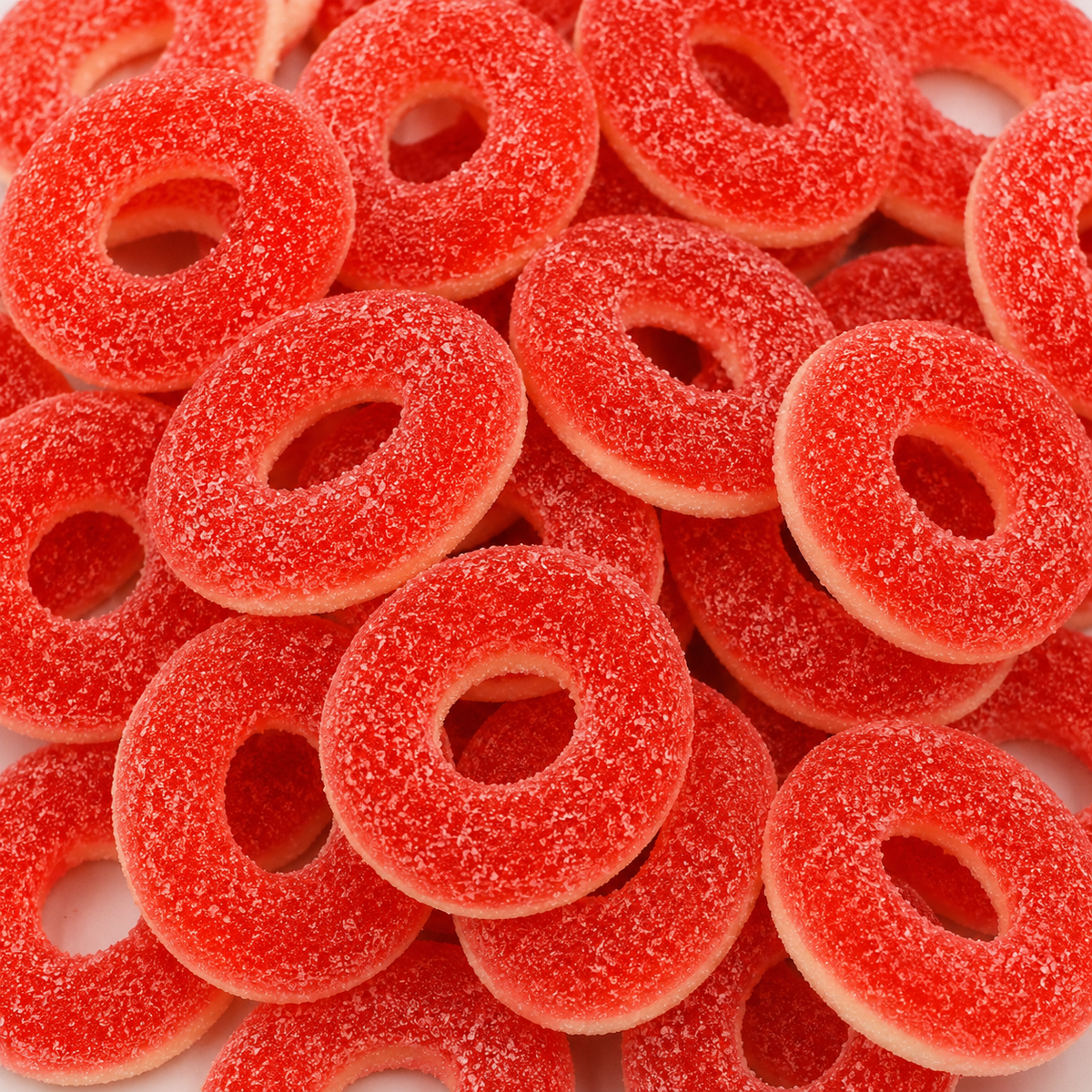 Close-up of Fizzy Strawberry Rings sweets