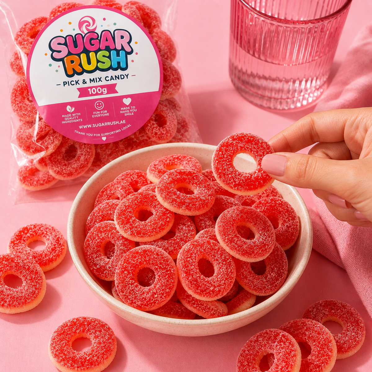 Fizzy Strawberry Rings sweets in a Sugar Rush snacking scene