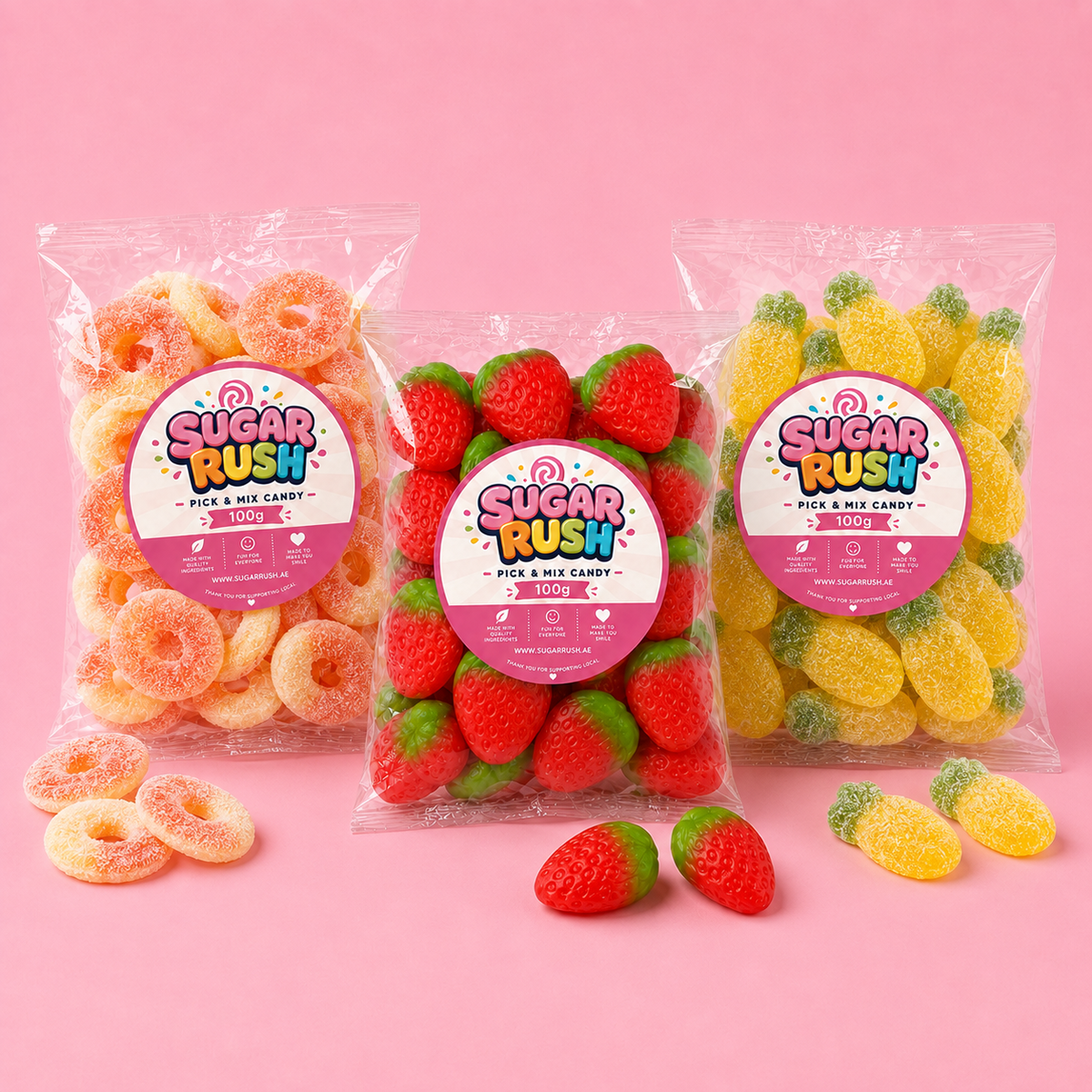 Fruity Pick & Mix 3-Pack – 300g arranged on a pale pink Sugar Rush background