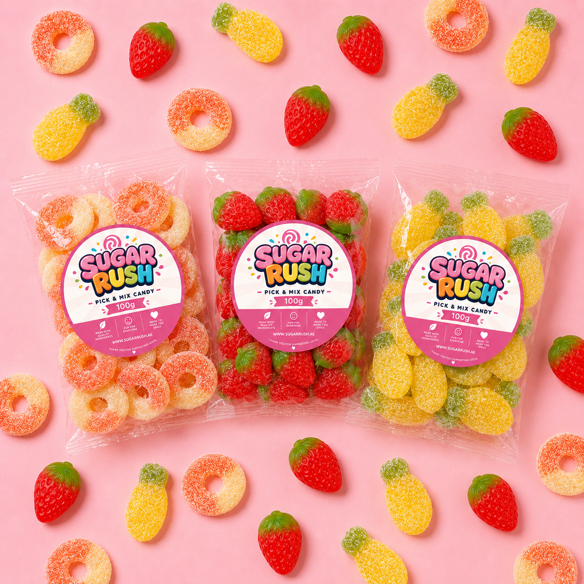 Overhead view showing everything included in Fruity Pick & Mix 3-Pack – 300g
