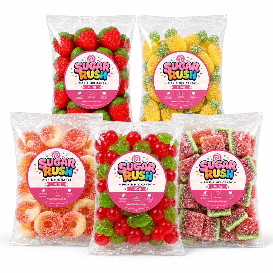 Fruity Pick & Mix 5-Pack – 500g by Sugar Rush with its fixed bundle contents on a white background
