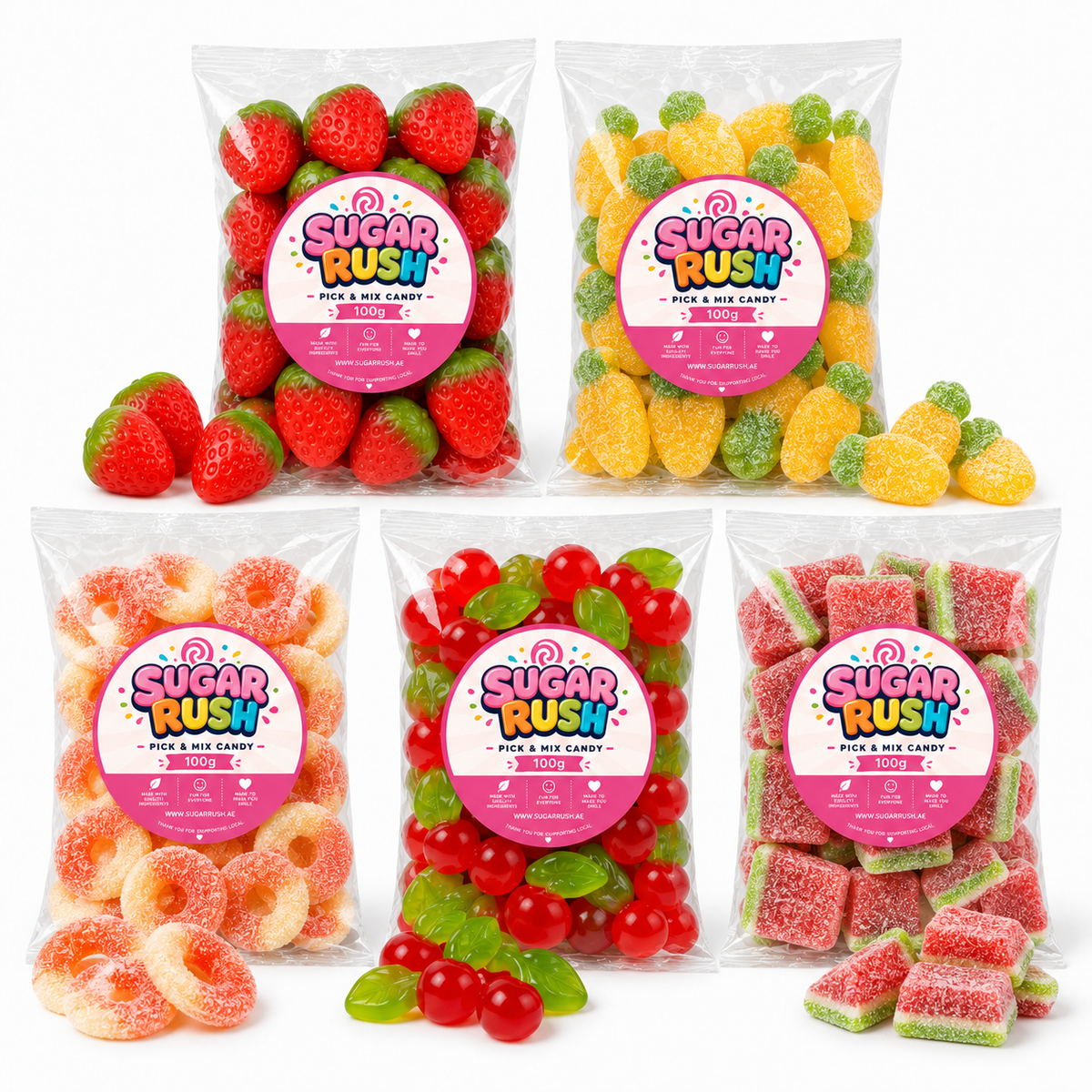 Close-up of the fixed sweets and treats included in Fruity Pick & Mix 5-Pack – 500g