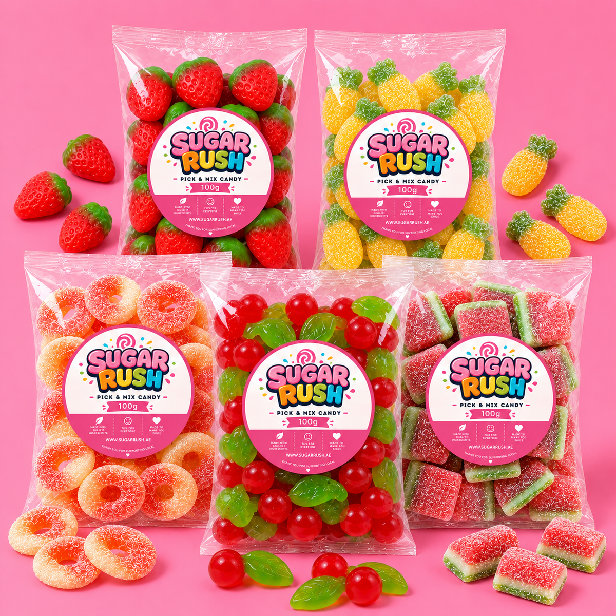 Fruity Pick & Mix 5-Pack – 500g arranged on a pale pink Sugar Rush background
