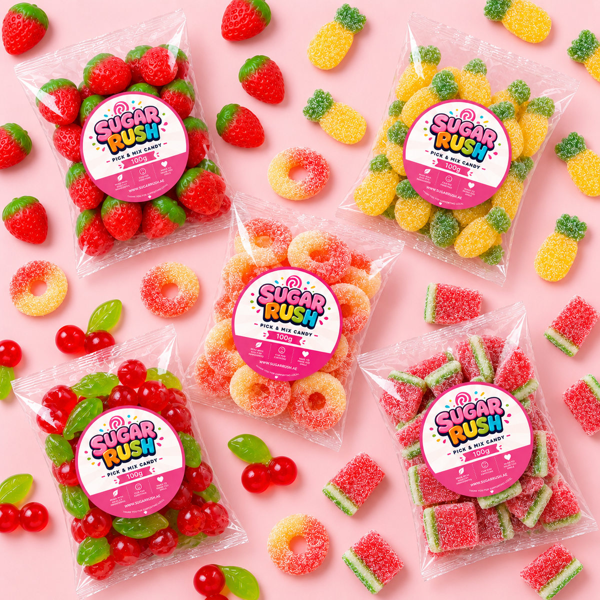 Overhead view showing everything included in Fruity Pick & Mix 5-Pack – 500g