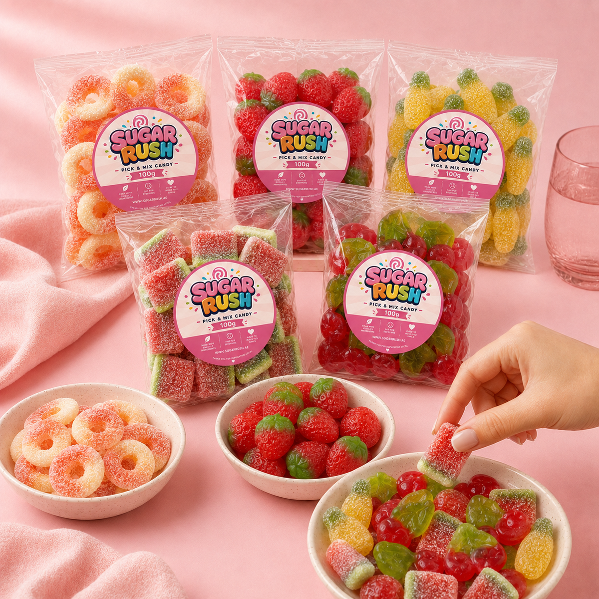 Fruity Pick & Mix 5-Pack – 500g styled for a Sugar Rush sharing moment