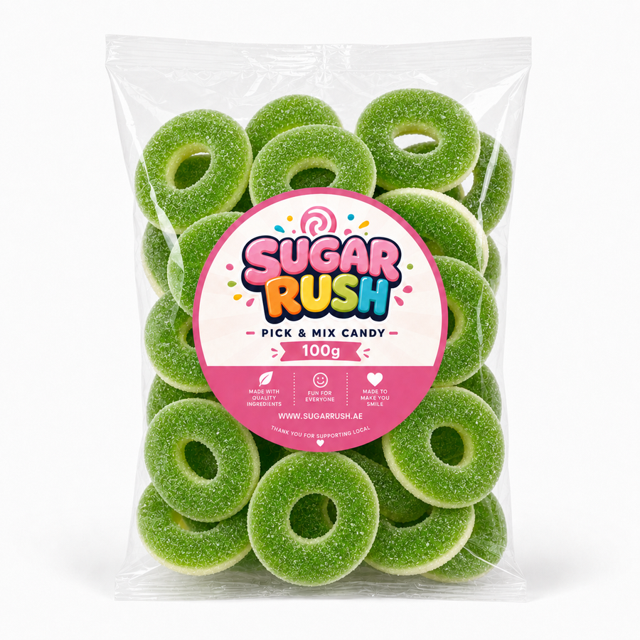 No. 12 Green Apple Rings – 100g Sugar Rush 100g bag