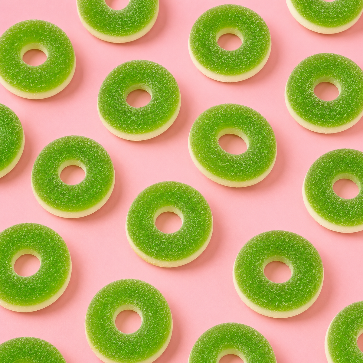 Overhead arrangement of Green Apple Rings sweets