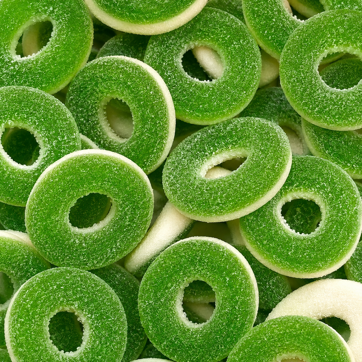 Close-up of Green Apple Rings sweets