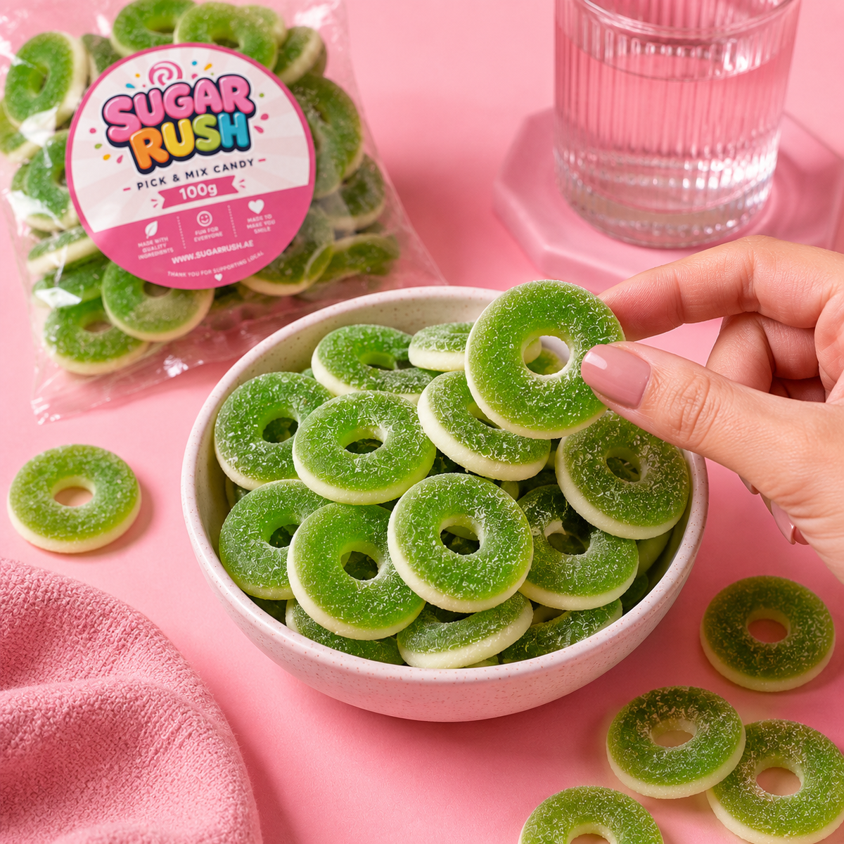 Green Apple Rings sweets in a Sugar Rush snacking scene
