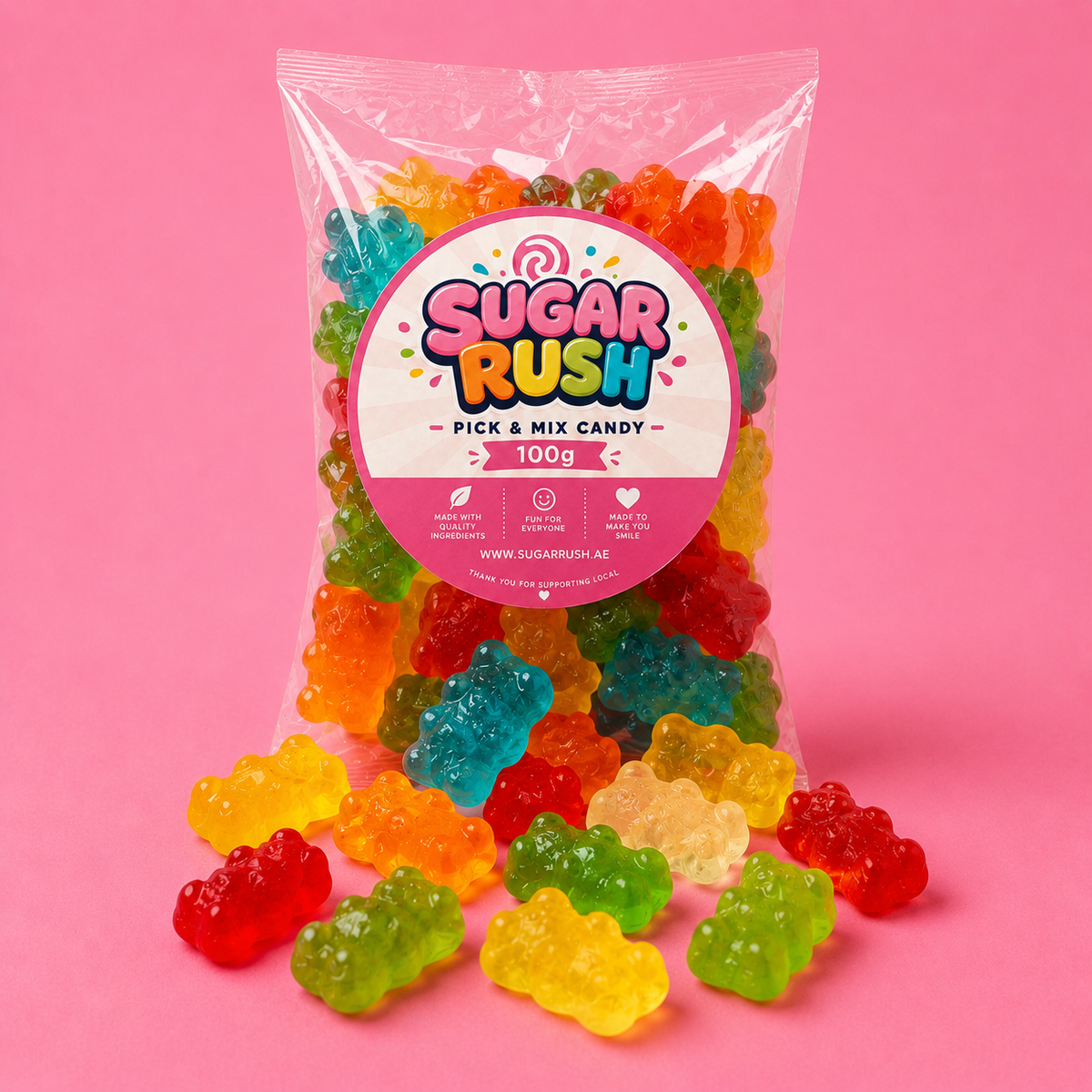 Gummy Bears Sugar Rush bag with sweets on pink background