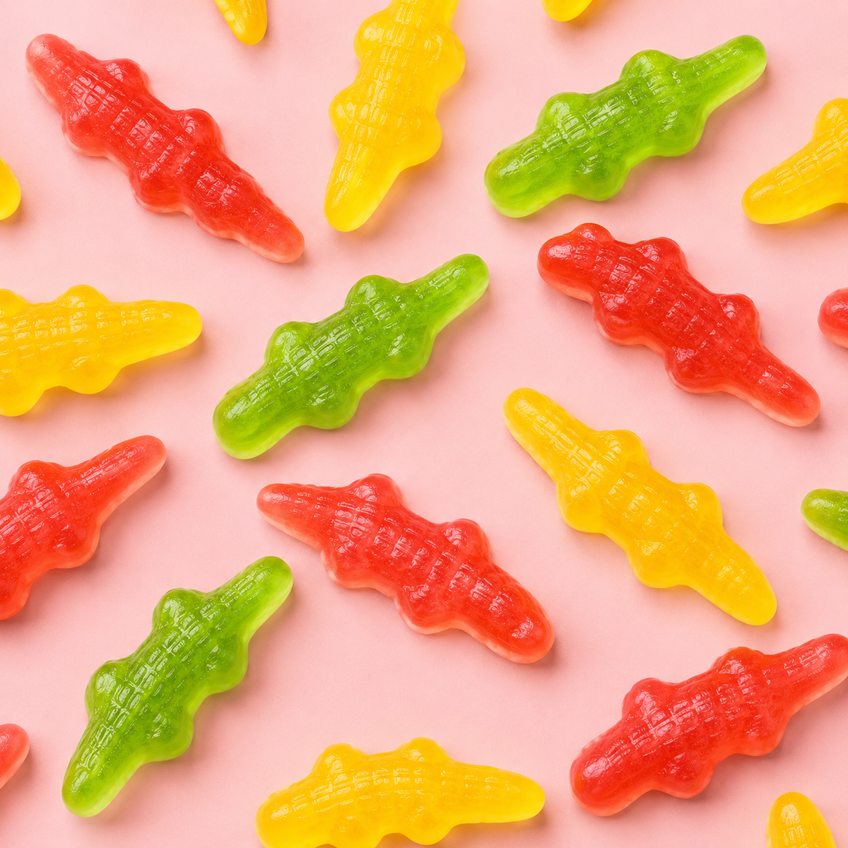 Overhead arrangement of Gummy Crocodiles sweets