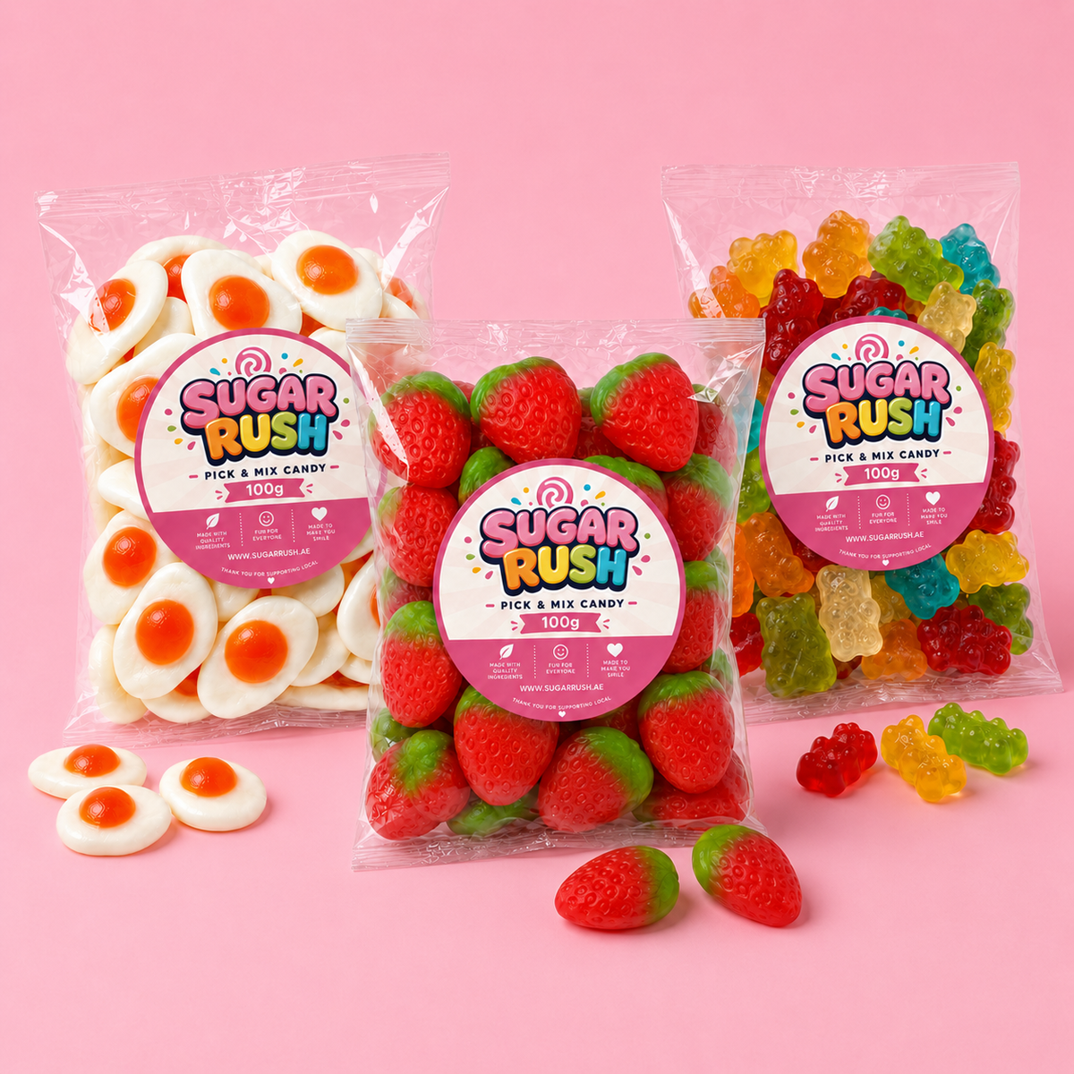 Gummy Pick & Mix 3-Pack – 300g arranged on a pale pink Sugar Rush background