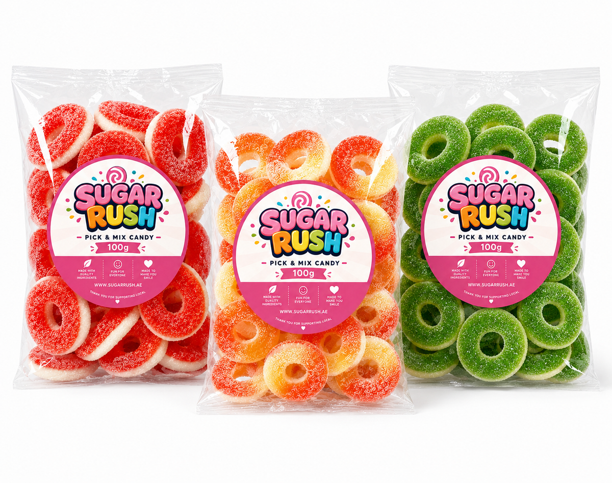 Gummy Rings Pick & Mix 3-Pack – 300g by Sugar Rush with its fixed bundle contents on a white background