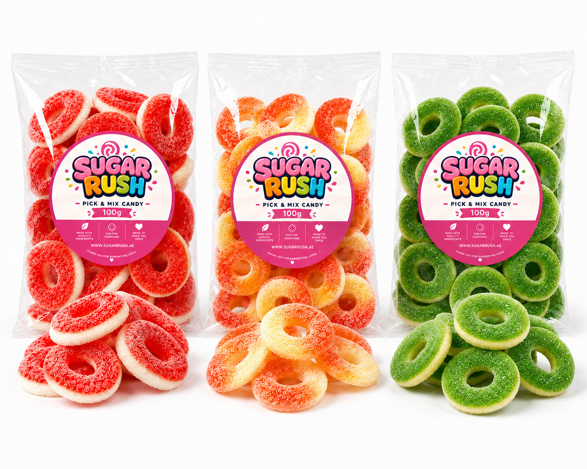 Close-up of the fixed sweets and treats included in Gummy Rings Pick & Mix 3-Pack – 300g