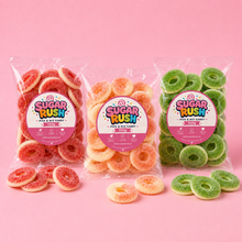 Gummy Rings Pick & Mix 3-Pack – 300g arranged on a pale pink Sugar Rush background