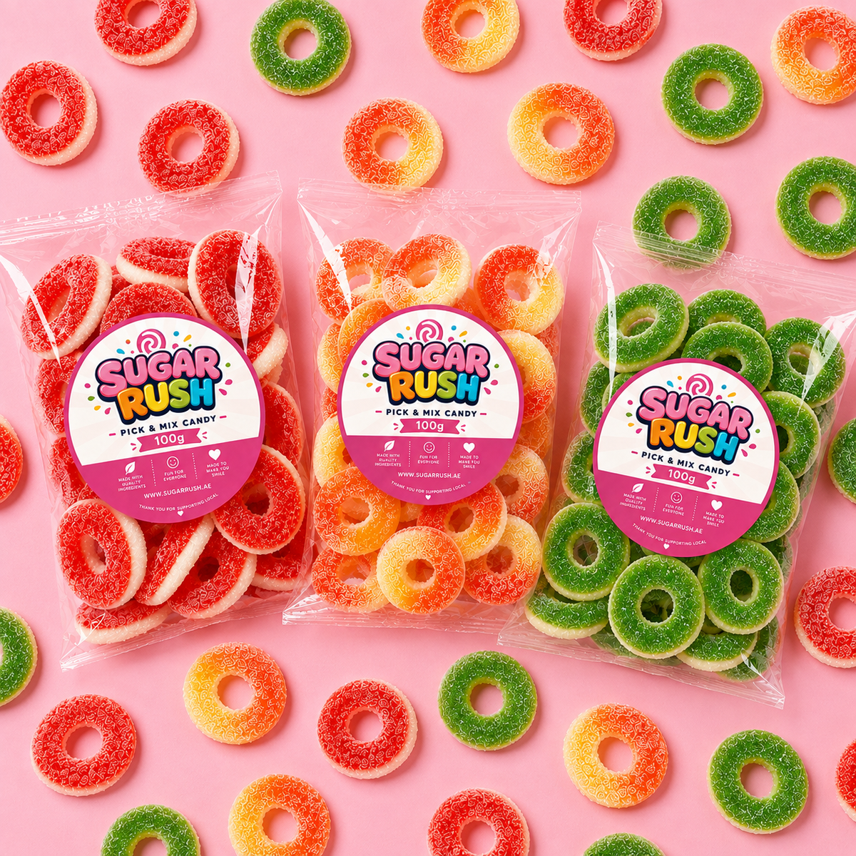 Overhead view showing everything included in Gummy Rings Pick & Mix 3-Pack – 300g