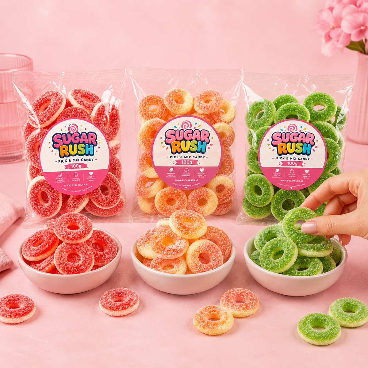 Gummy Rings Pick & Mix 3-Pack – 300g styled for a Sugar Rush sharing moment