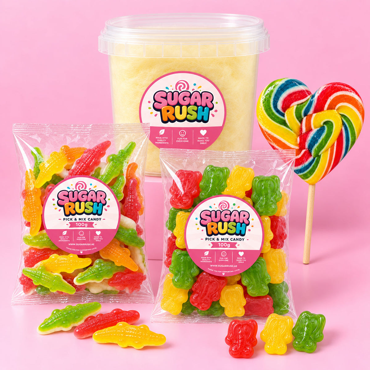 Kids Treat Box arranged on a pale pink Sugar Rush background
