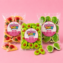 Novelty Pick & Mix 3-Pack – 300g arranged on a pale pink Sugar Rush background
