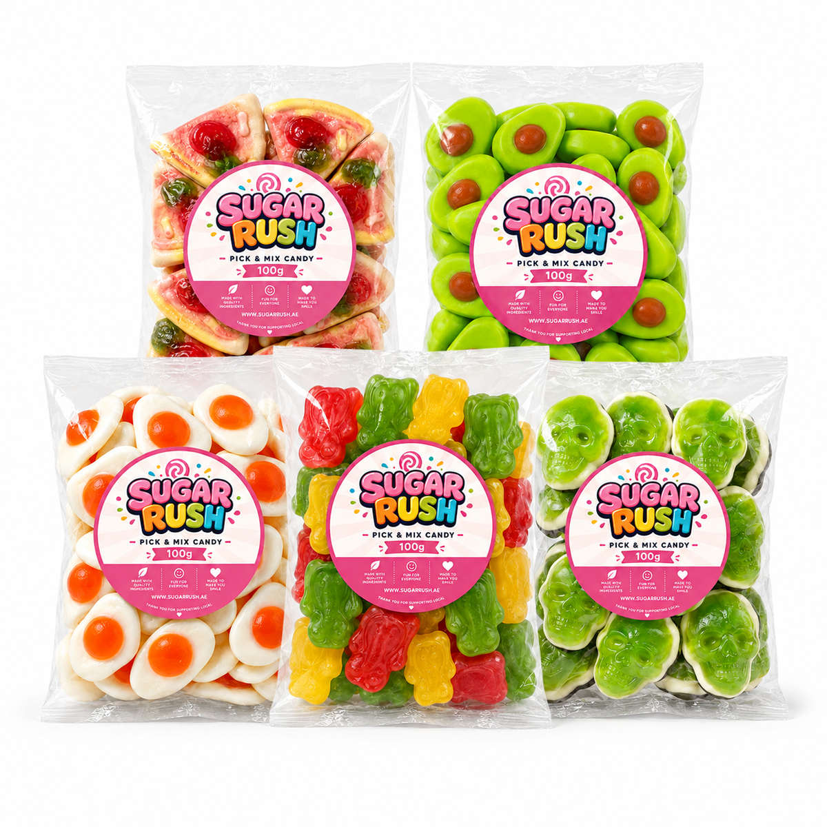 Novelty Pick & Mix 5-Pack – 500g by Sugar Rush with its fixed bundle contents on a white background