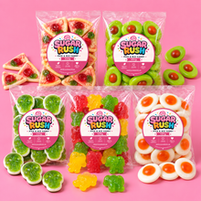 Novelty Pick & Mix 5-Pack – 500g arranged on a pale pink Sugar Rush background