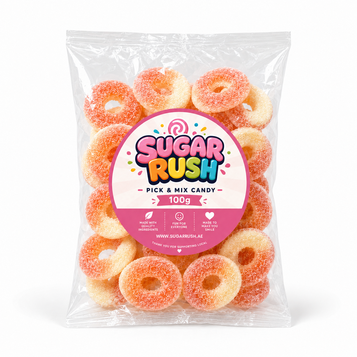 No. 09 Peach Rings – 100g Sugar Rush 100g bag
