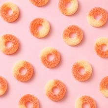 Overhead arrangement of Peach Rings sweets